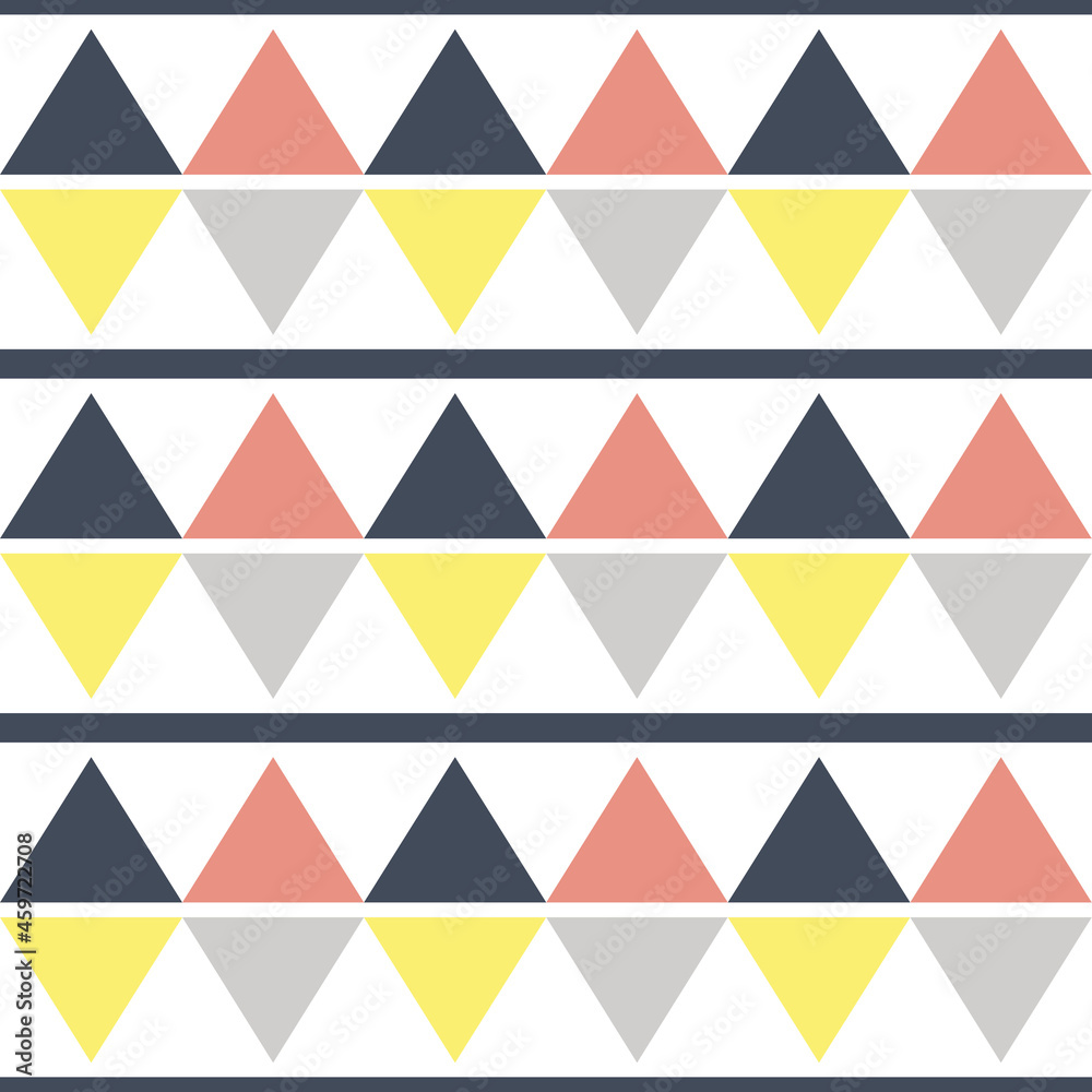 Seamless Nordic geometrical pattern with rhombus and stripe shapes in navy blue, yellow and pink colors on white background Seamless Nordic geometrical pattern with rhombus and stripe shapes in navy blue, yellow and pink colors on white background