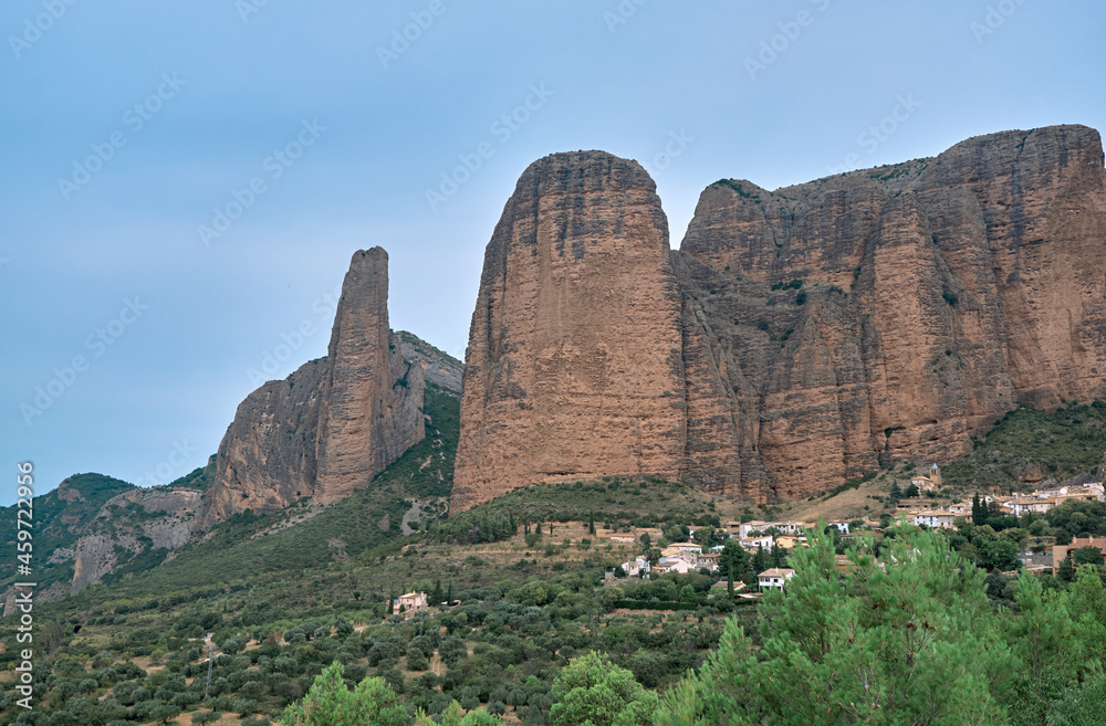Panoramic view of the village of Riglos with the Mallos de Riglos, province of Huesca, Aragon, Spain.