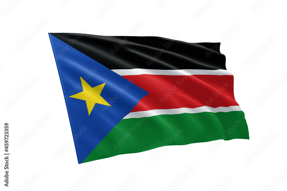 3D illustration flag of South Sudan. South Sudan flag isolated on white background. 3D illustration flag of South Sudan. South Sudan flag isolated on white background.