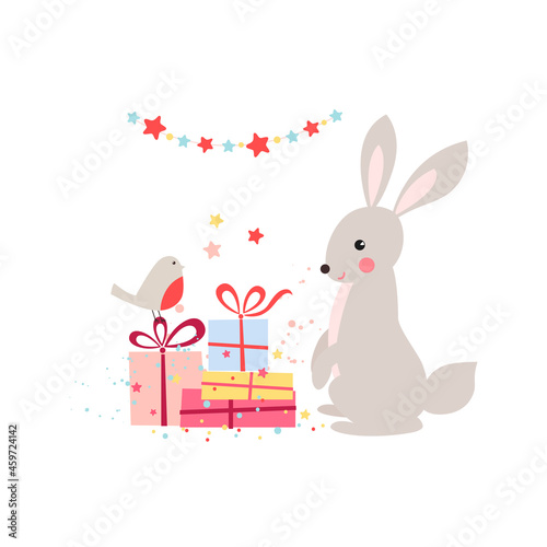 Vector illustration with cute bunny, bird and gifts. Greeting card. Cartoon animalistic characters isolated on white background.