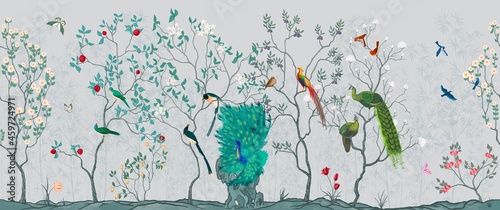 Chinoiserie Vintage floral illustration for wallpaper, fabric, poster, print. Mural. Bloom. Seamless background with exotic birds and flowers