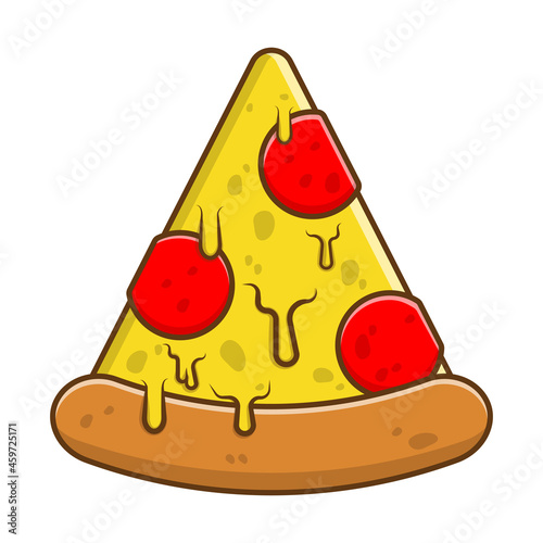 Pizza with pepperoni logo. Dripping yellow cheese on a pizza slice with pepperoni or tomato topping icon. Fast food vector illustration.