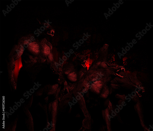 Photo 3d illustration of a pack of Werewolves against a forest background