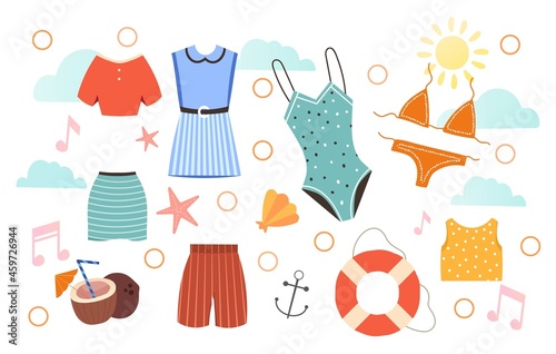 Set of essential summer clothes on white background. Female beach clothing elements. Summer clothes, coconut drink, cosmetic bag, swimsuit. Flat cartoon vector illustration