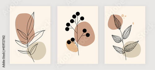 Cute set with linear leaves wall art prints on pastel background. Boho mid century design poster templates for social media banner or wall art decoration. Flat cartoon vector illustration