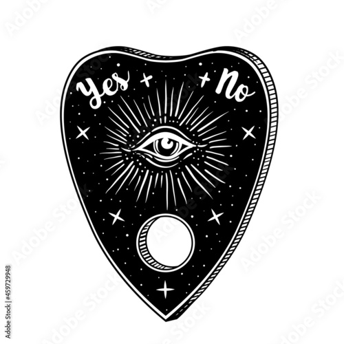 Heart-shaped planchette for spirit talking board. Vector isolated illustration in Victorian style. Mediumship divination equipment. flash tattoo drawing. Alchemy, religion, spirituality, occultism.