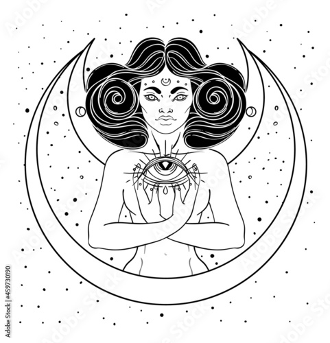 African American magic woman holding all seeing eye with rays. Vector Illustration. Mysterious black girl over sacred geometry symbols and wings. Alchemy, religion, spirituality, occultism, tattoo art