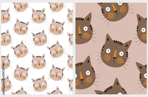 Cute Nursery Seamless Vector Patterns with Funny Cat Heads Isolated on a White and Light Blush Brown Background ideal for Fabric, Textile, Cat Lovers. Simple Repeatable Print with Hand Drawn Kitty. 
