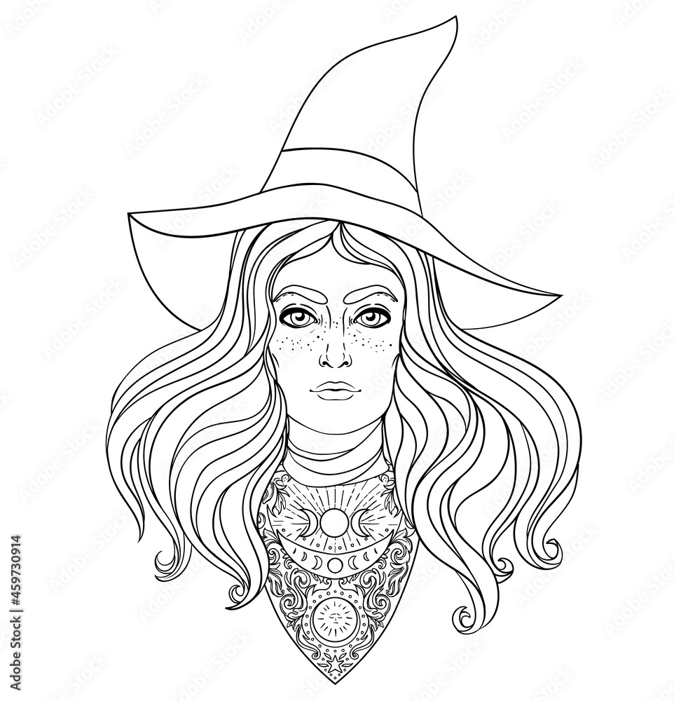 Wiccan witch. Vector Illustration in black and white. Young woman with long blond hair and magic hat. Alchemy, tattoo art, t-shirt design, adult magic coloring book. Pagan goddess. Wiccan witch. Vector Illustration in black and white. Young woman with long blond hair and magic hat. Alchemy, tattoo art, t-shirt design, adult magic coloring book. Pagan goddess.