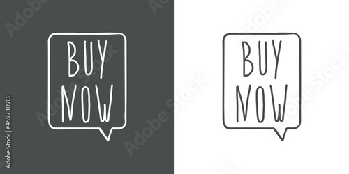 Banner con texto manuscrito Buy Now con silueta de burbuja de habla con lineas en fondo gris y fondo banco