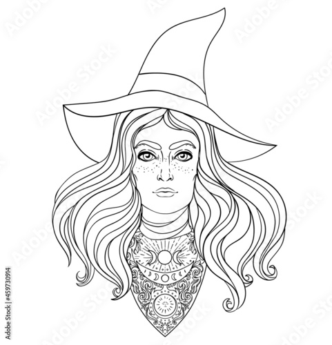 Wiccan witch. Vector Illustration in black and white. Young woman with long blond hair and magic hat. Alchemy, tattoo art, t-shirt design, adult magic coloring book. Pagan goddess.