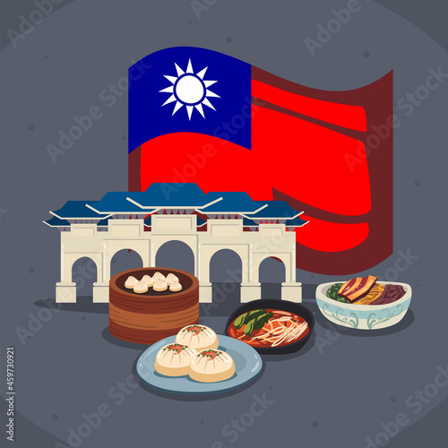 Taiwanese flag main gate and food