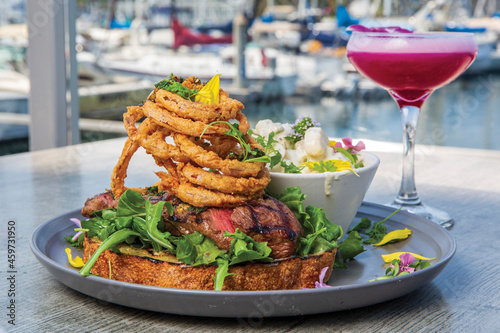 Steak, Onion Rings, and Cocktail at the Marina