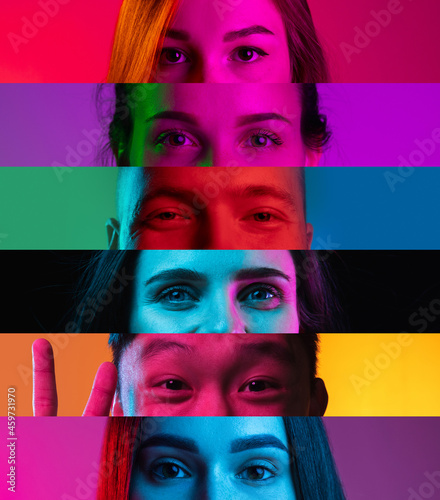 Horizontal collage of cropped multinational male and female eyes placed on narrow multicolored stripes in neon lights.