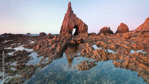 Campiecho beach in Cadavedo village of Valdes council by the Cantabrian Sea in Asturias Autonomous Community of Spain, Europe. Beautiful colors at sunrise in the national park. Coast in Northern Spain © Michal