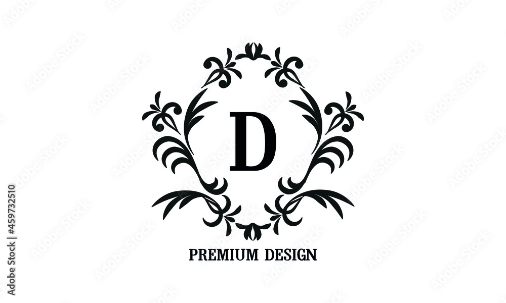 Exquisite company brand sign with letter D. Black and white logo for cafe, bar, restaurant, invitation, wedding. Business style