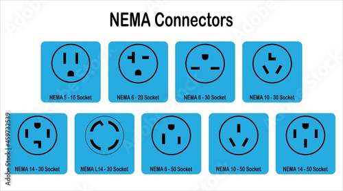 Range of NEMA connectors with naming. Electric outlet line icons
