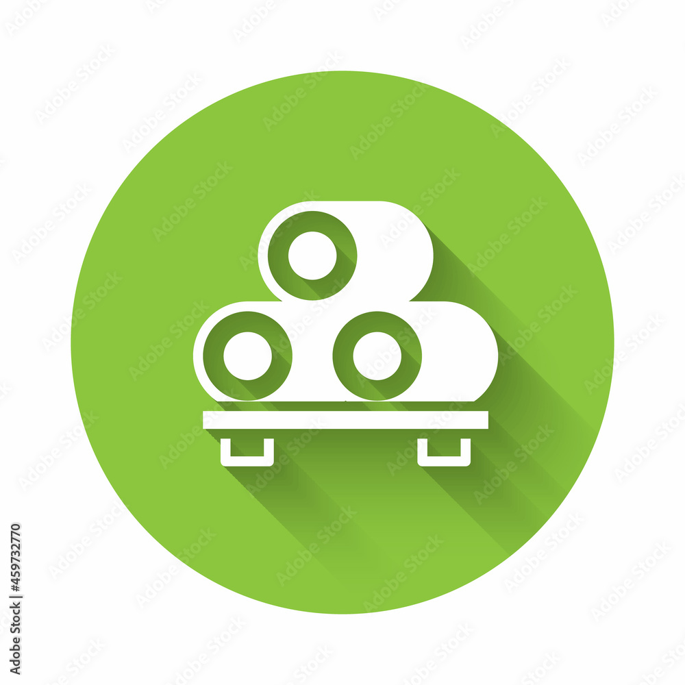 White Sushi on cutting board icon isolated with long shadow. Asian food sushi on wooden board. Green circle button. Vector White Sushi on cutting board icon isolated with long shadow. Asian food sushi on wooden board. Green circle button. Vector