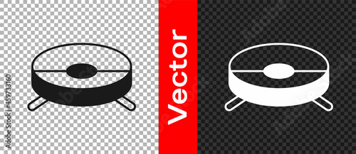 Black Robot vacuum cleaner icon isolated on transparent background. Home smart appliance for automatic vacuuming, digital device for house cleaning. Vector