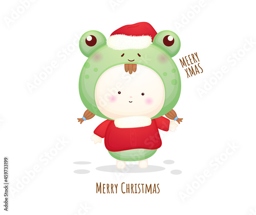 Cute baby in costume with santa hat for merry christmas illustration Premium Vector