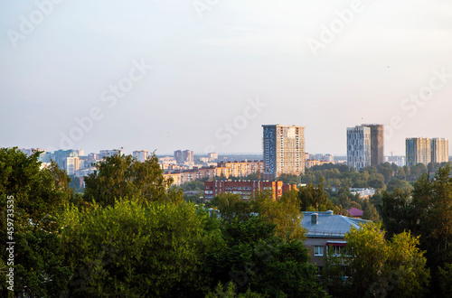 Scenic view of the city from above, at sunrise. Izhevsk. Udmurtia. Russia