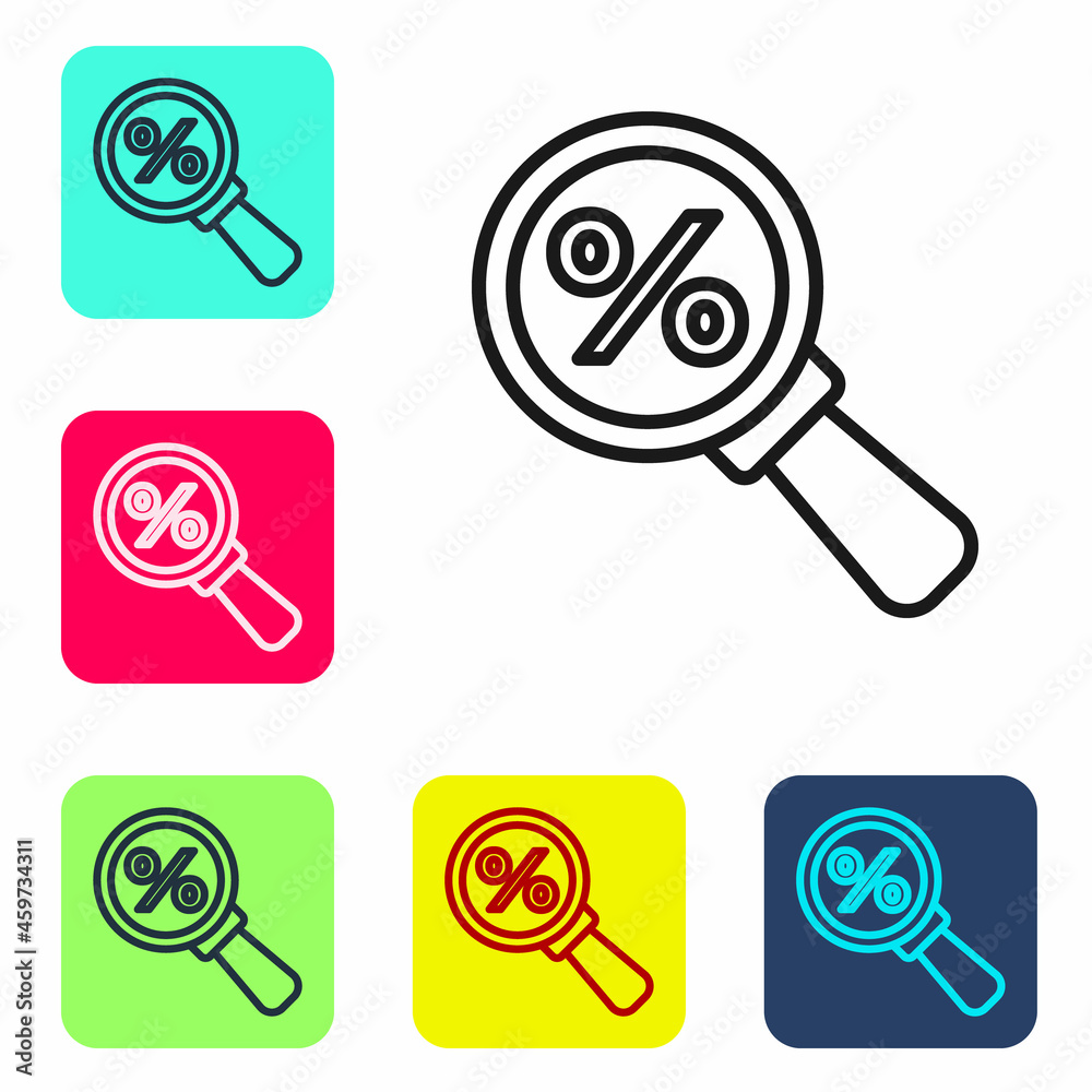 Black line Magnifying glass with percent icon isolated on white background. Discount offers searching. Search for discount sale sign. Set icons in color square buttons. Vector Black line Magnifying glass with percent icon isolated on white background. Discount offers searching. Search for discount sale sign. Set icons in color square buttons. Vector