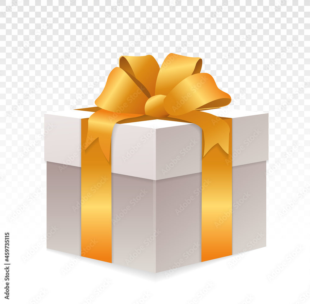 White giftbox with golden wrapping on transparent background. Realistic gift box. Cube shape present box, tied with golden wrapping ribbon. Flat cartoon vector ilustration White giftbox with golden wrapping on transparent background. Realistic gift box. Cube shape present box, tied with golden wrapping ribbon. Flat cartoon vector ilustration