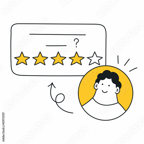 Comment with five stars and the head of the happy customer. Evaluation, rating, customer feedback. Thin line vector illustration on white background.