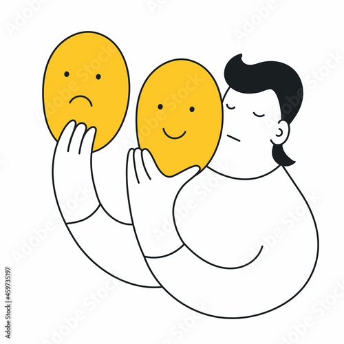 A cute cartoon actor holds two masks - sad and happy, comedy and tragedy. Theater, the Concept of changing natural personality to conform to social requirements and pressure concept. Thin line vector 