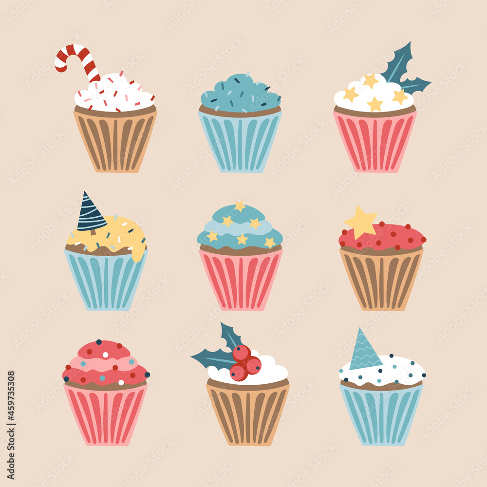 Christmas set of cupcakes and muffins, vector illustration in pastel colors