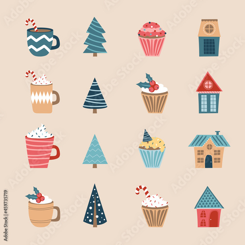 Merry Christmas icon set. Holiday icons. Cups, cupcakes, houses and trees for festive design. New year element, flat symbol