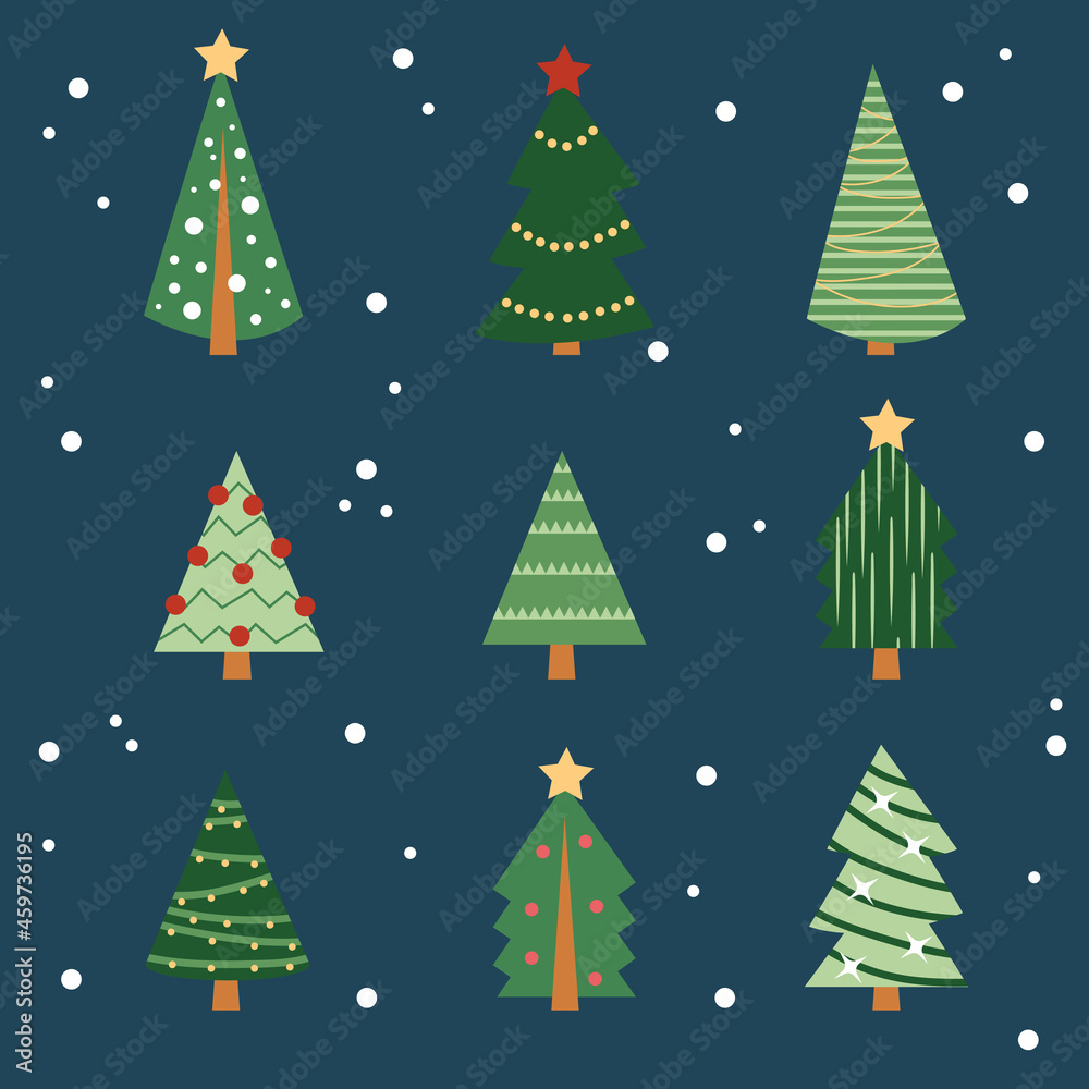 Cartoon christmas tree set on dark blue background - flat design