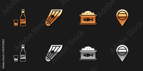 Set Bottle of vodka with glass, Kankles, Tin can caviar and Location Russia icon. Vector