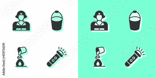 Set Flashlight, Firefighter, Bucket extinguishing fire and bucket icon. Vector
