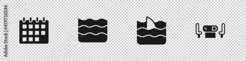 Set Calendar, Wave, Shark fin in ocean wave and Poker table icon. Vector