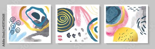 Set of modern cards with hand drawn watercolor details.Abstract background.Illustrations for wall decoration, postcard or brochure cover design.Vector illustration