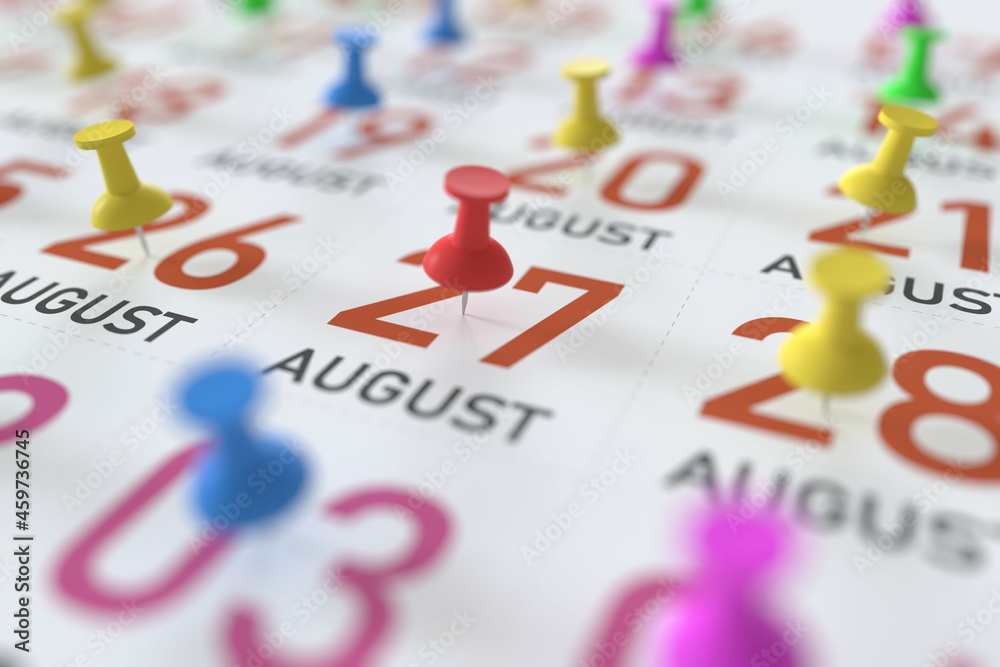 August 27 date and push pin on a calendar, 3D rendering August 27 date and push pin on a calendar, 3D rendering