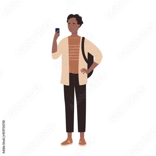 Young man character with mobile phone, guy student isolated on white.