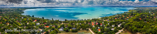 Balatonakarattya, Hungary - Aerial panoramic view of Balatonakarattya, Balatonkenese and Lake Balaton from high above on a cloudy summer day