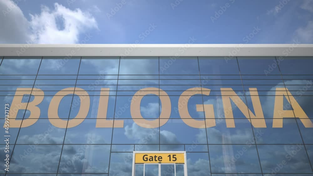 Plane reflects in the airport terminal with BOLOGNA city name