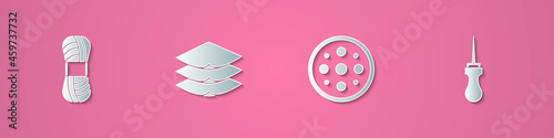Set paper cut Yarn, Layers clothing textile, Sewing button and Awl tool icon. Paper art style. Vector