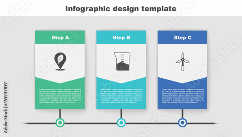 Set Location with leaf, Laboratory glassware or beaker and Wind turbine. Business infographic template. Vector
