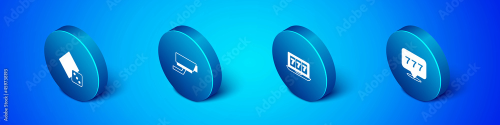 Set Isometric Game dice, Online slot machine with jackpot, Slot and Security camera icon. Vector Set Isometric Game dice, Online slot machine with jackpot, Slot and Security camera icon. Vector