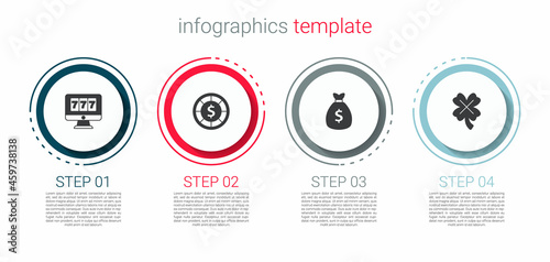 Set Online slot machine with jackpot, Casino chips, Money bag and clover. Business infographic template. Vector