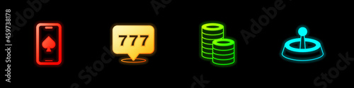 Set Online poker table game, Slot machine with jackpot, Casino chips and roulette wheel icon. Vector
