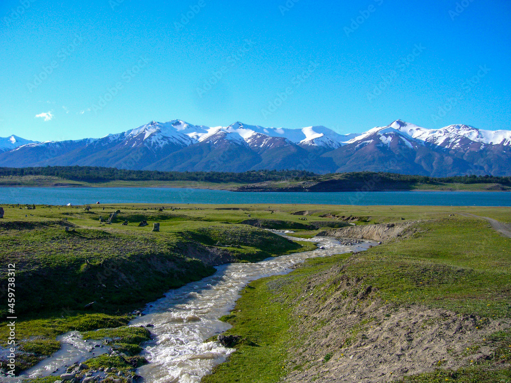 Brazo sur of Lago Argentino lake with snowcapped mountains