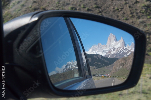Road trip in patagonia, view in back mirror shows andes mountains © Chris Peters