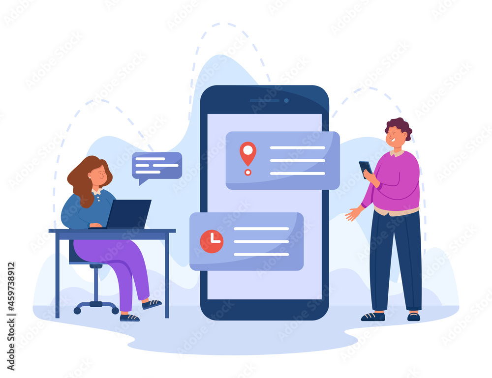 Business people arranging appointment in digital booking app. Mobile screen with date and place, application interface flat vector illustration. Modern technology, internet concept for banner