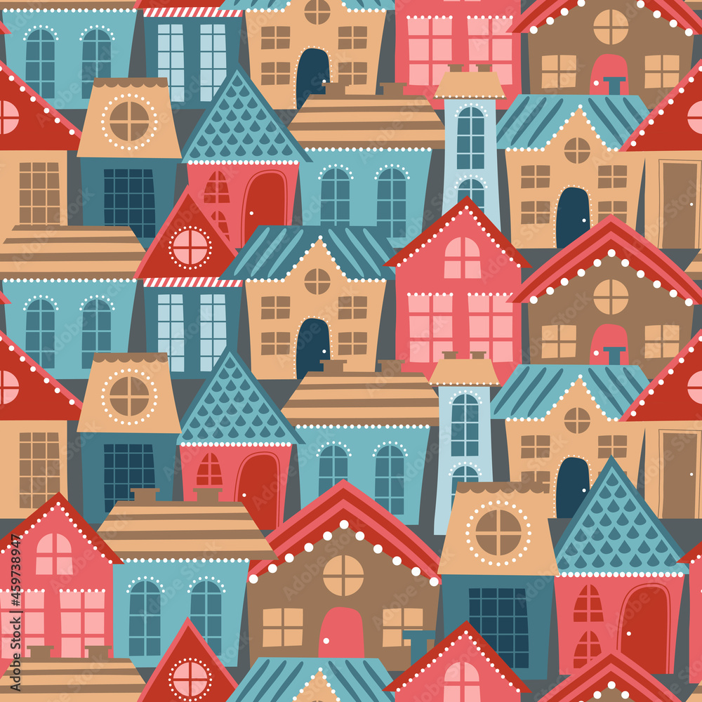 Seamless city pattern. Cartoon colored houses of different sizes - endless design for packaging or fabric