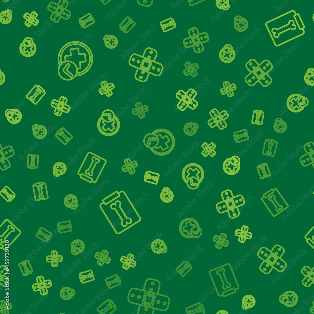 Set line Cross hospital medical, X-ray shots and Crossed bandage plaster on seamless pattern. Vector Set line Cross hospital medical, X-ray shots and Crossed bandage plaster on seamless pattern. Vector